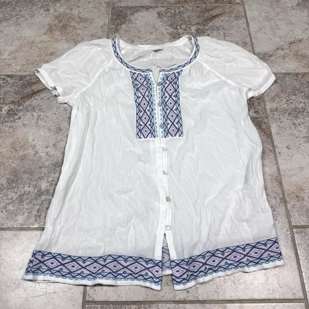 J Jill Blouse Women White Embroidered Buttoned Short Sleeve Gauzy Boho Small